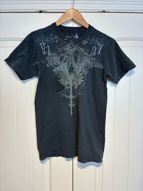 Aqua Black Graphic Crew Neck Tee with Pale Green Print Size S